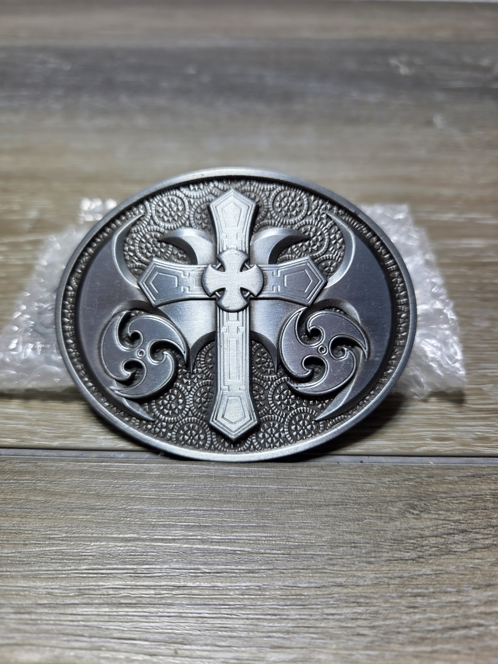 Ornate Celtic Cross Oval Belt Buckle Silver Tone